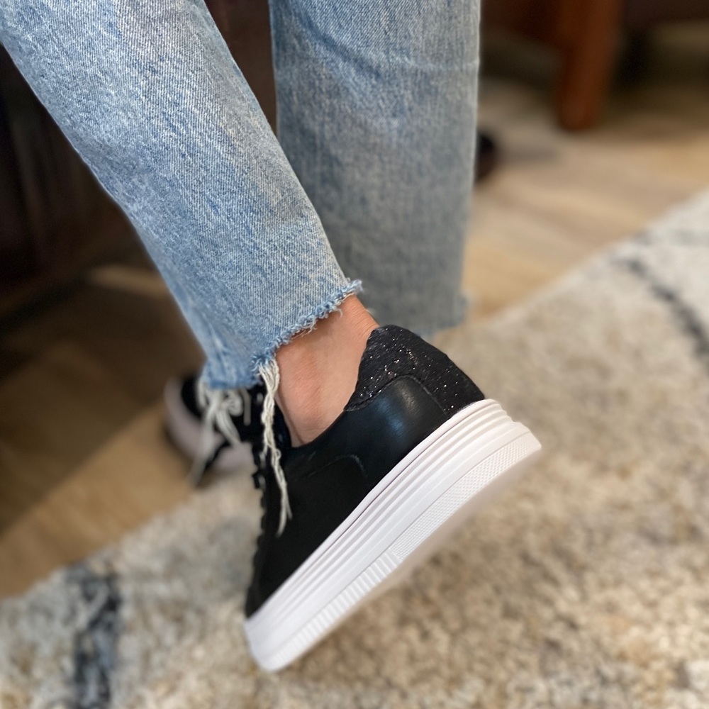 Black Vegan Leather White Platform Lace Up Sneakers with Black Glitter - Picture 3 of 9